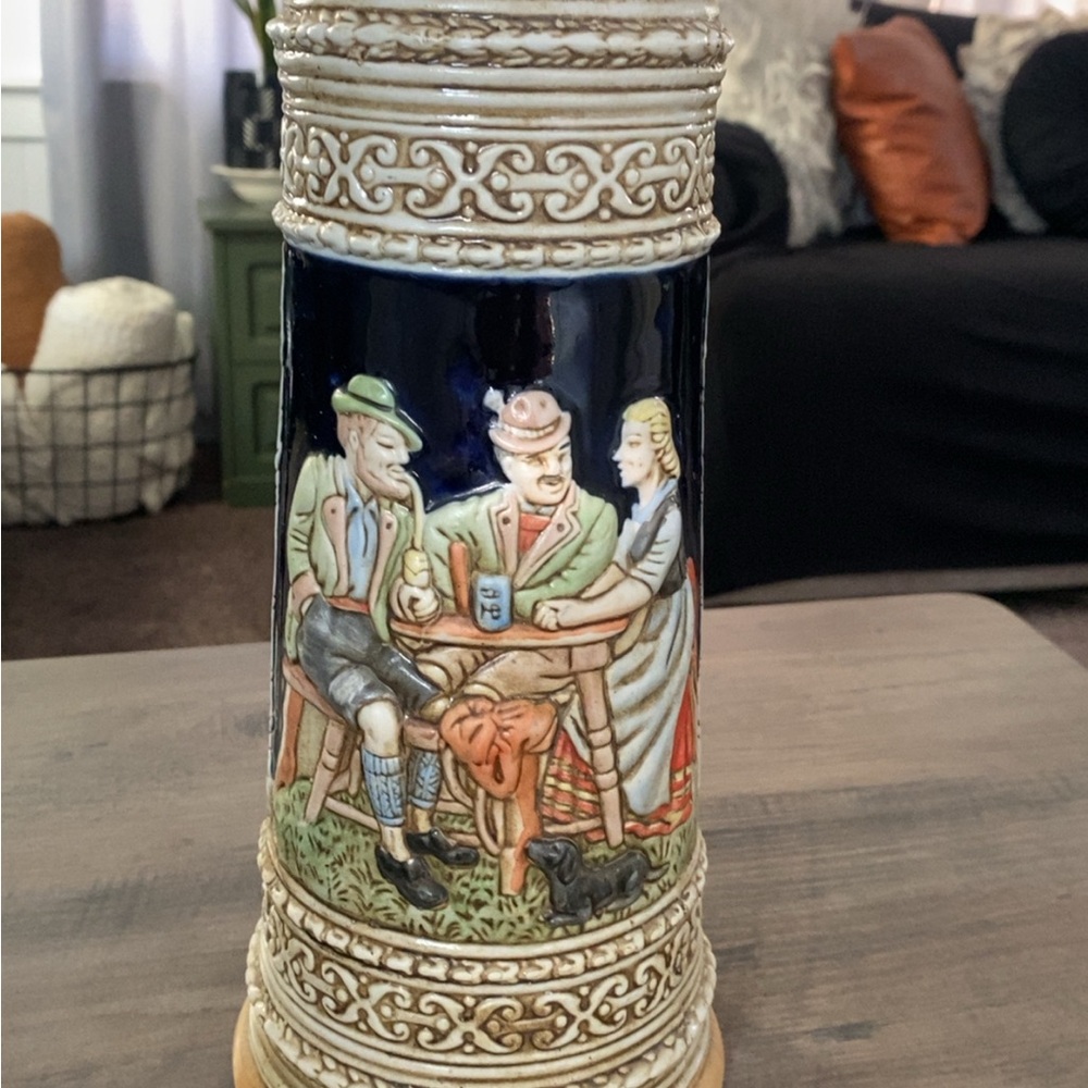 Vintage Ceramic Beer Stein with German Scene